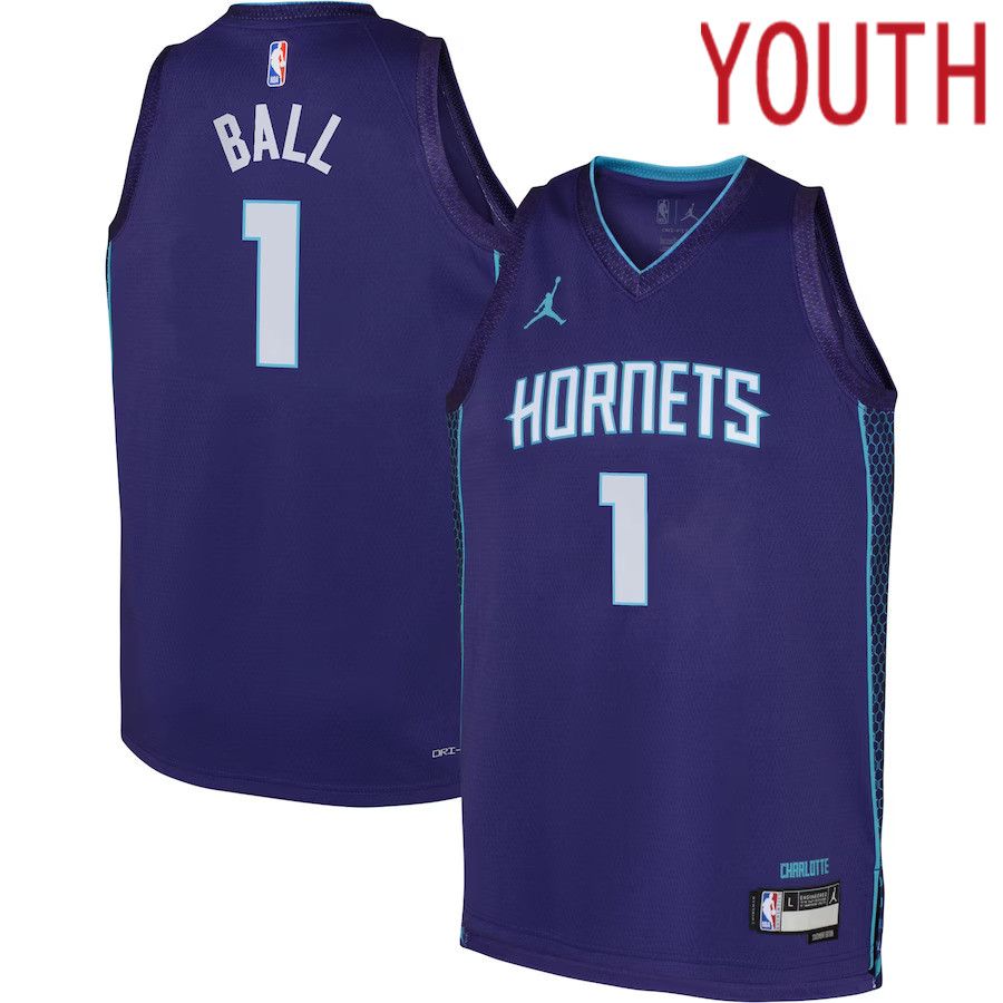Youth Charlotte Hornets 1 LaMelo Ball Jordan Brand Purple 2022-23 Swingman NBA Jersey